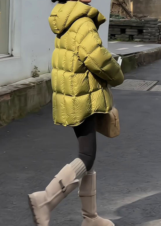 Women Green Hooded Zippered Drawstring Duck Down Down Coat Winter