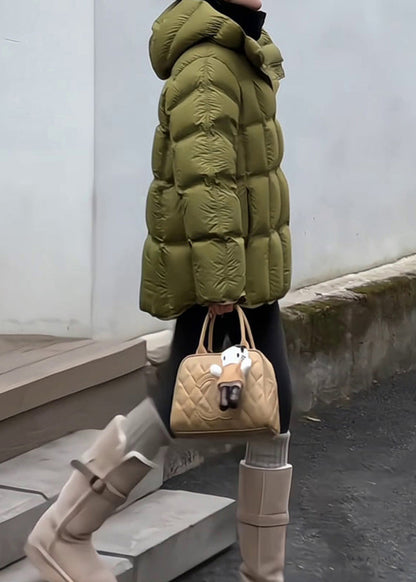 Women Green Hooded Zippered Drawstring Duck Down Down Coat Winter