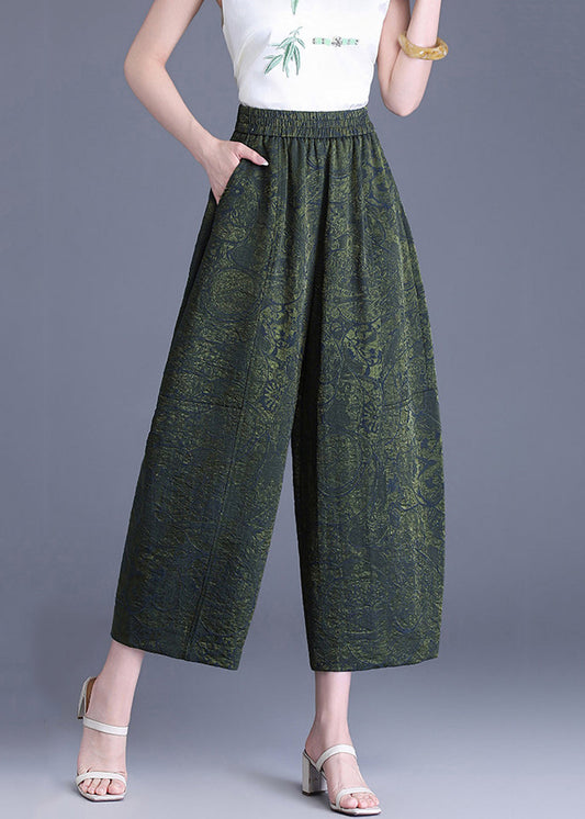 Women Green Jacquard Elastic Waist Wide Leg Crop Pants Summer