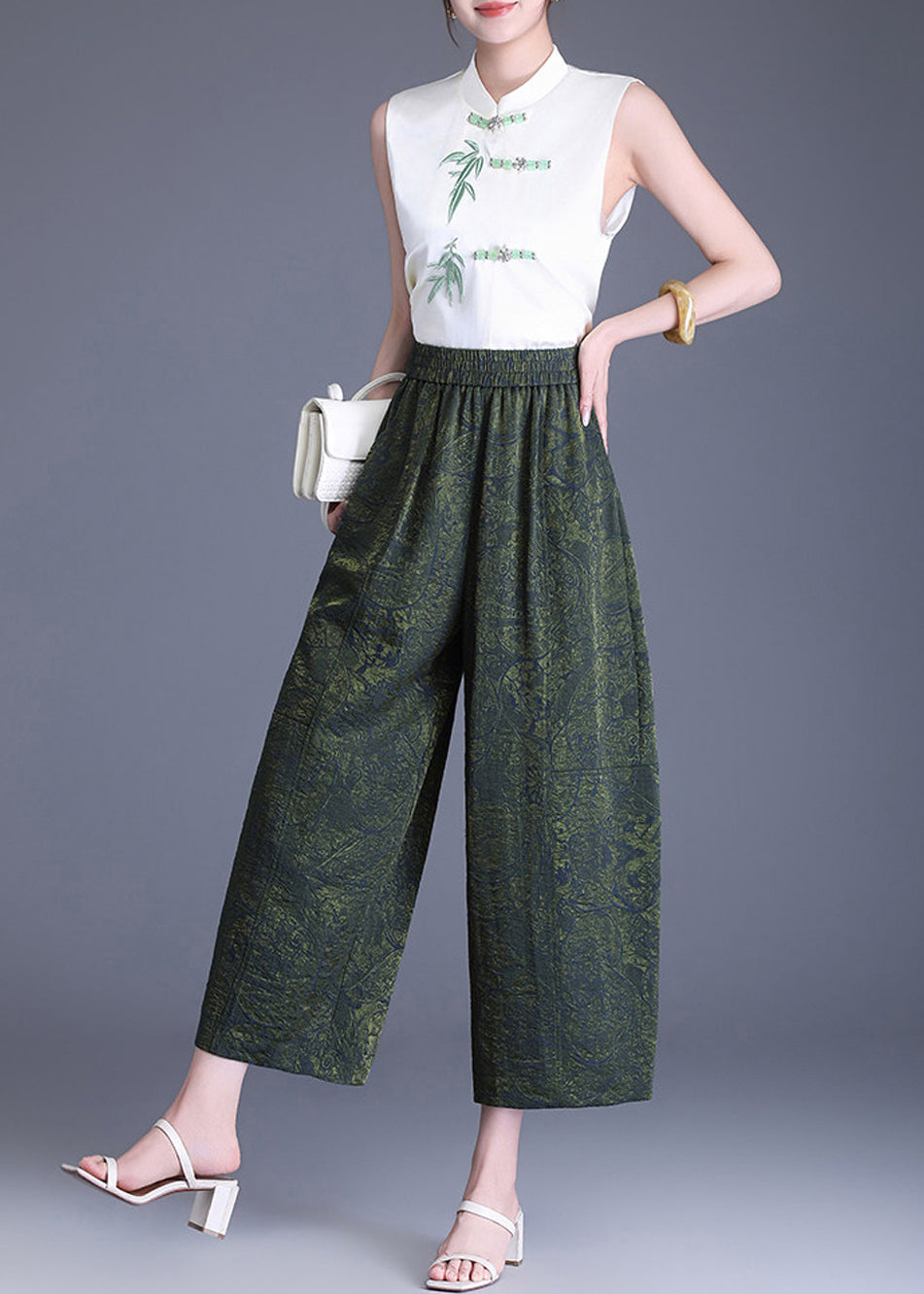 Women Green Jacquard Elastic Waist Wide Leg Crop Pants Summer