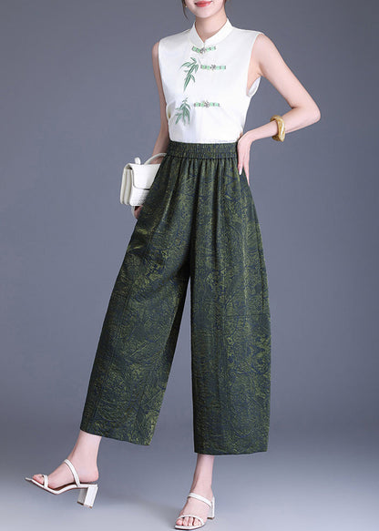 Women Green Jacquard Elastic Waist Wide Leg Crop Pants Summer