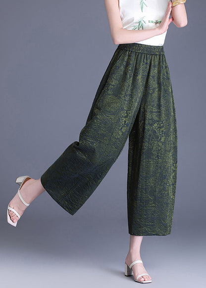 Women Green Jacquard Elastic Waist Wide Leg Crop Pants Summer