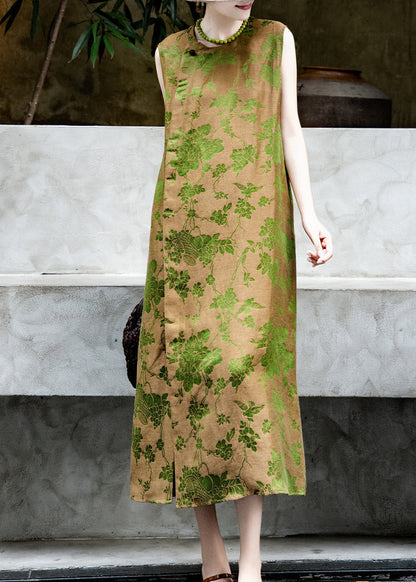 Women Green Jacquard Side Open Silk Maxi Dresses Sleeveless