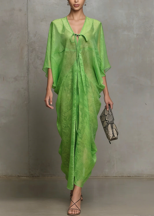 Women Green Lace Up Chiffon Vacation Dress Summer