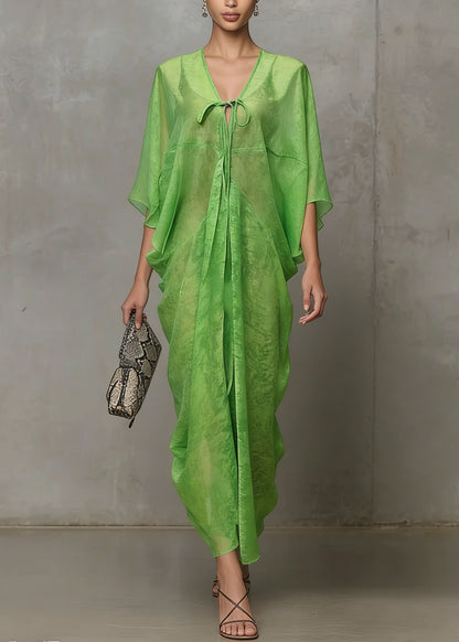 Women Green Lace Up Chiffon Vacation Dress Summer