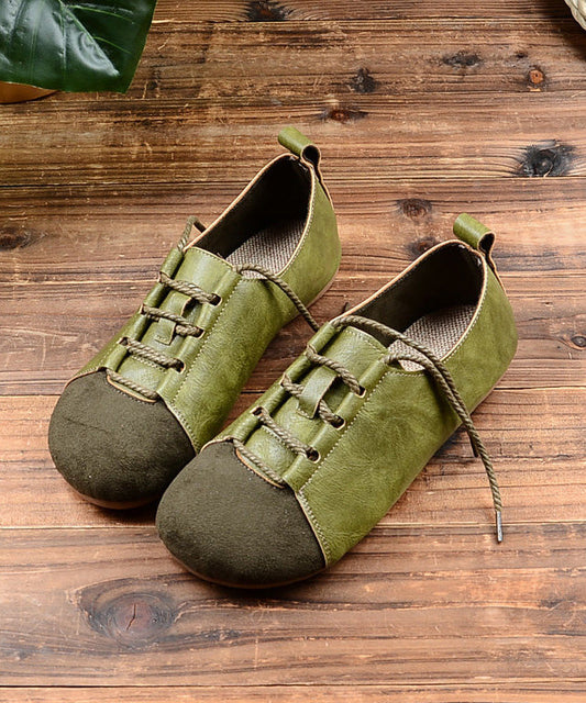 Women Green Lace Up Splicing Faux Leather Flat Shoes