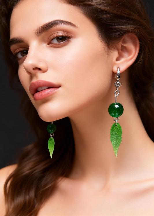 Women Green Leaf Acrylic Turquoise Drop Earrings