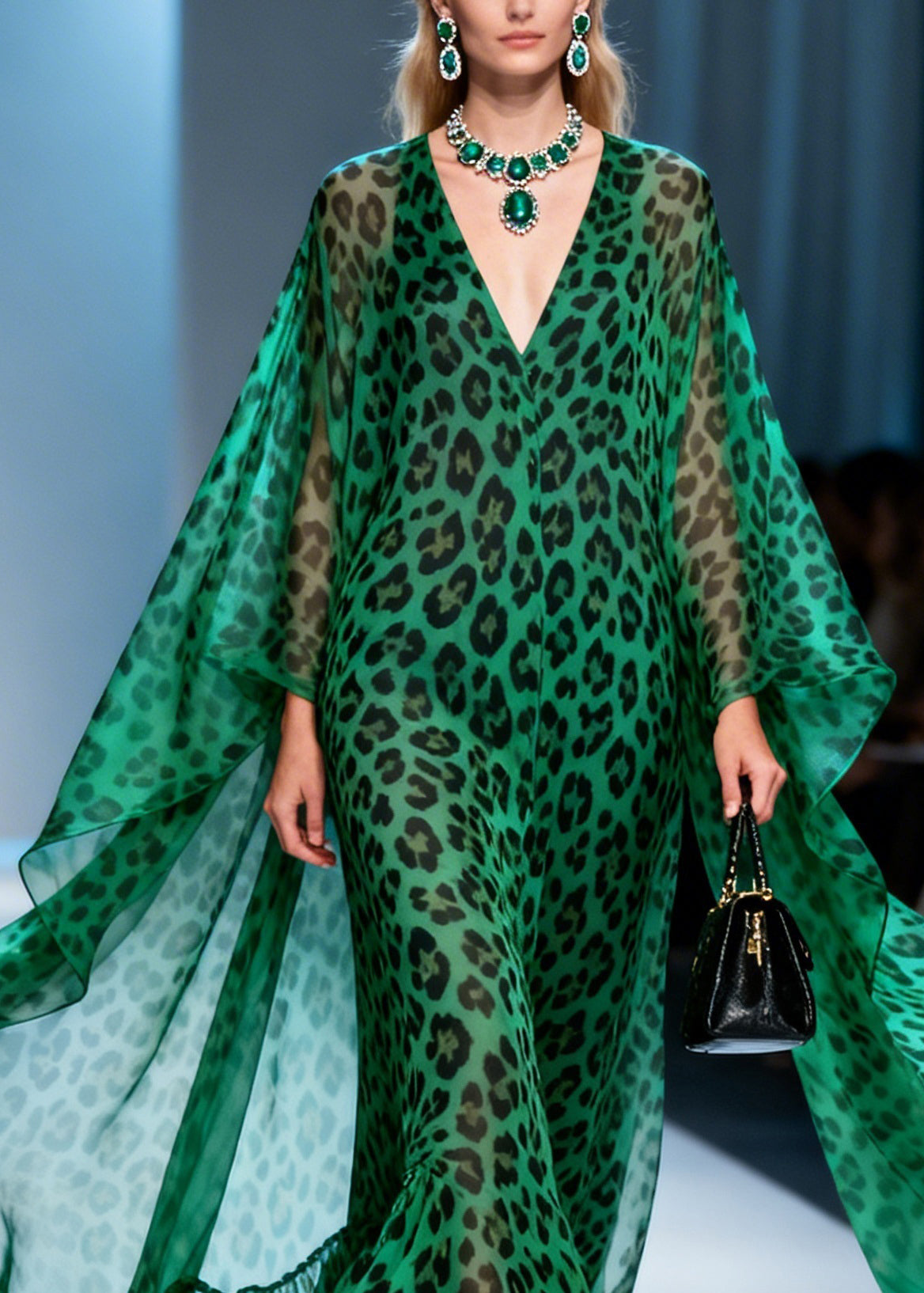 Women Green Leopard V Neck Patchwork Chiffon Maxi Dresses Summer