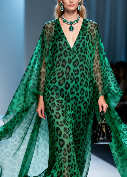 Women Green Leopard V Neck Patchwork Chiffon Maxi Dresses Summer