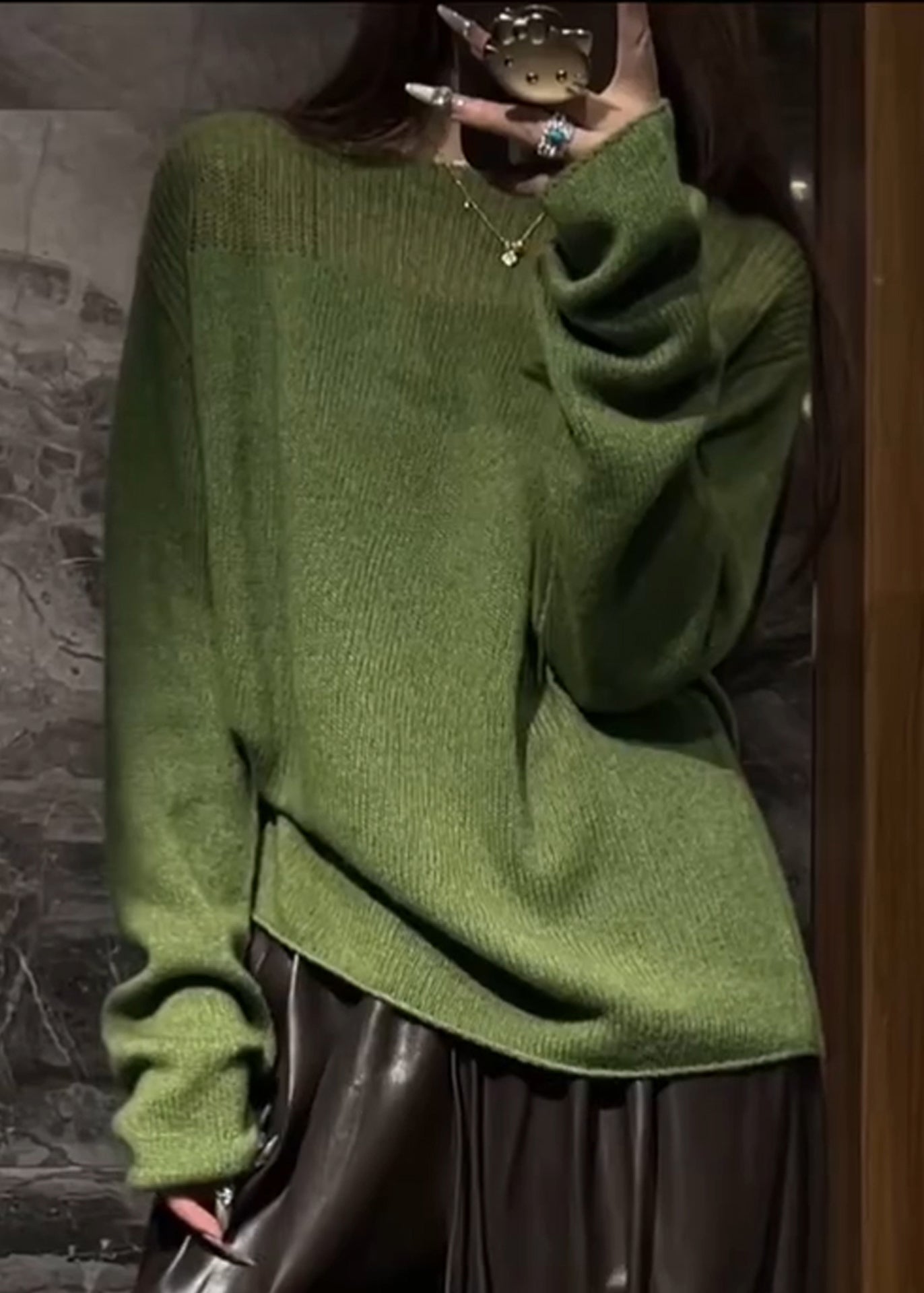 Women Green O Neck Hollow Out Cozy Knit Sweaters Fall