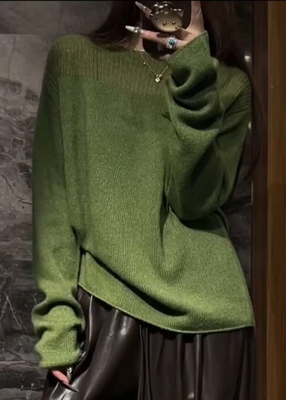 Women Green O Neck Hollow Out Cozy Knit Sweaters Fall