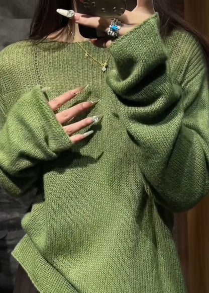Women Green O Neck Hollow Out Cozy Knit Sweaters Fall
