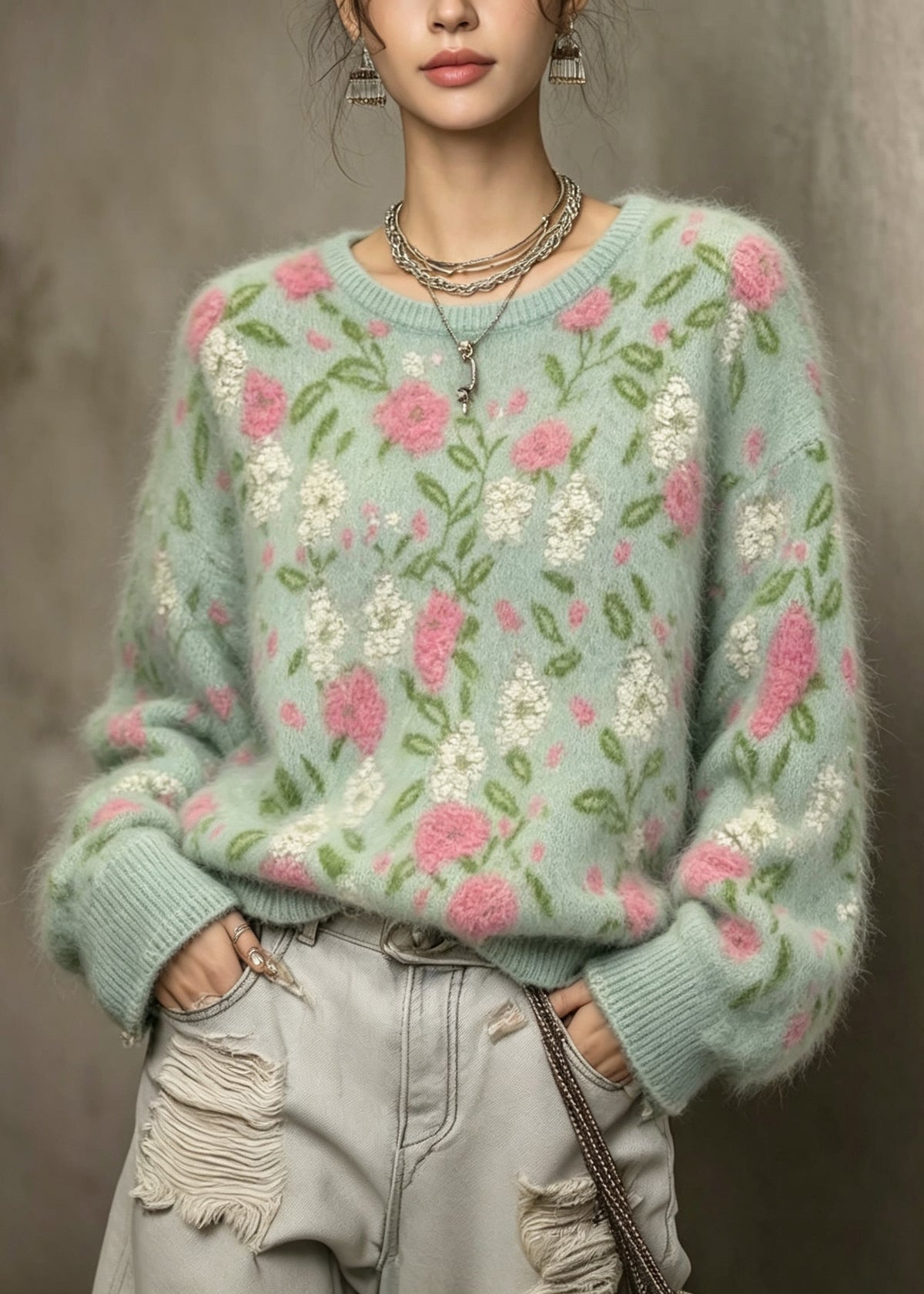 Women Green O Neck Jacquard Knit Sweaters Top Fall