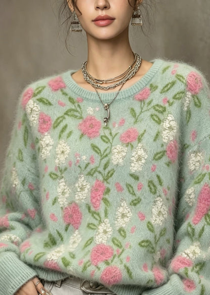 Women Green O Neck Jacquard Knit Sweaters Top Fall