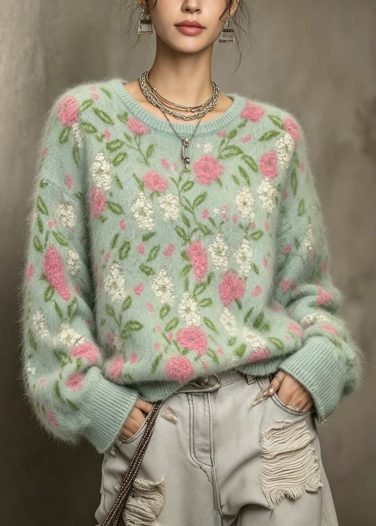 Women Green O Neck Jacquard Knit Sweaters Top Fall