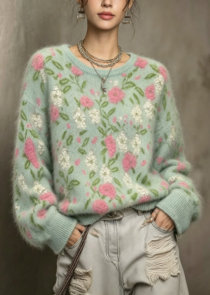 Women Green O Neck Jacquard Knit Sweaters Top Fall