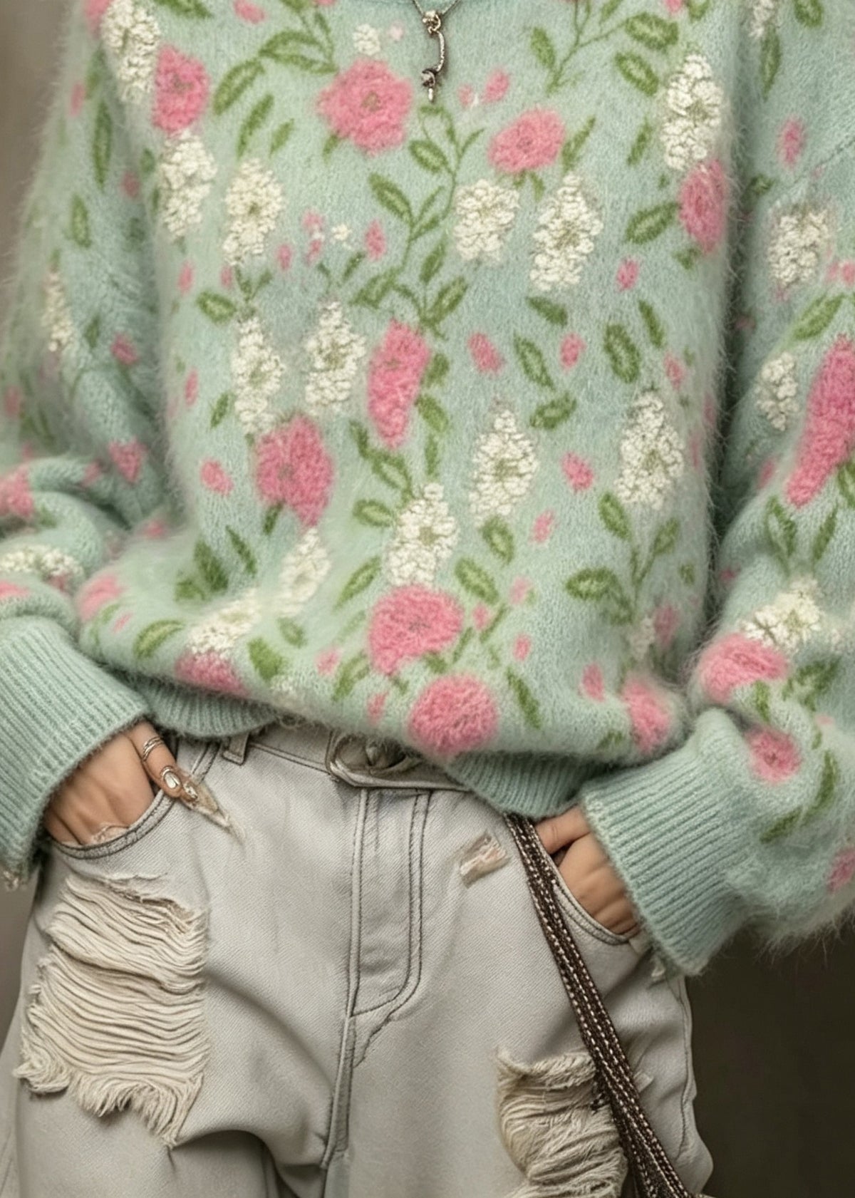 Women Green O Neck Jacquard Knit Sweaters Top Fall