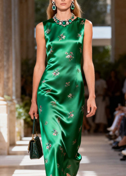 Women Green O Neck Jacquard Silk Dresses Sleeveless
