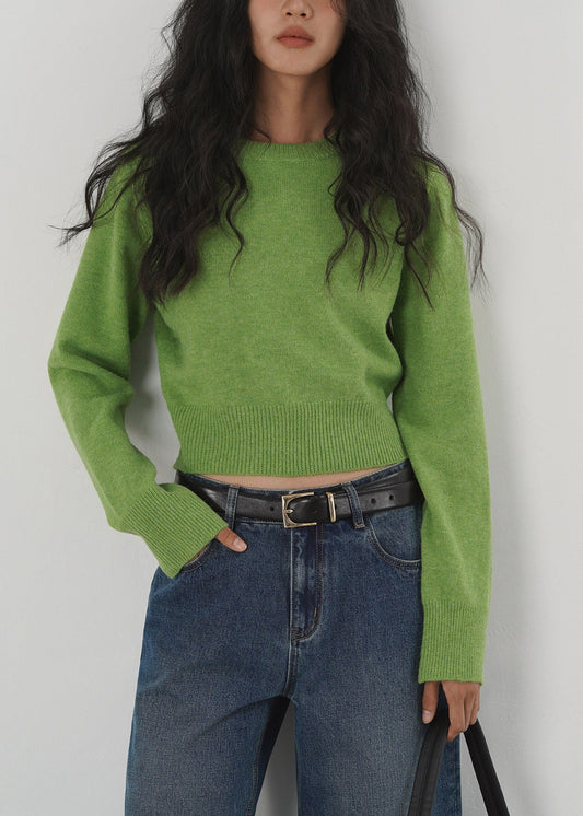 Women Green O Neck Knit Short Sweaters Tops Spring