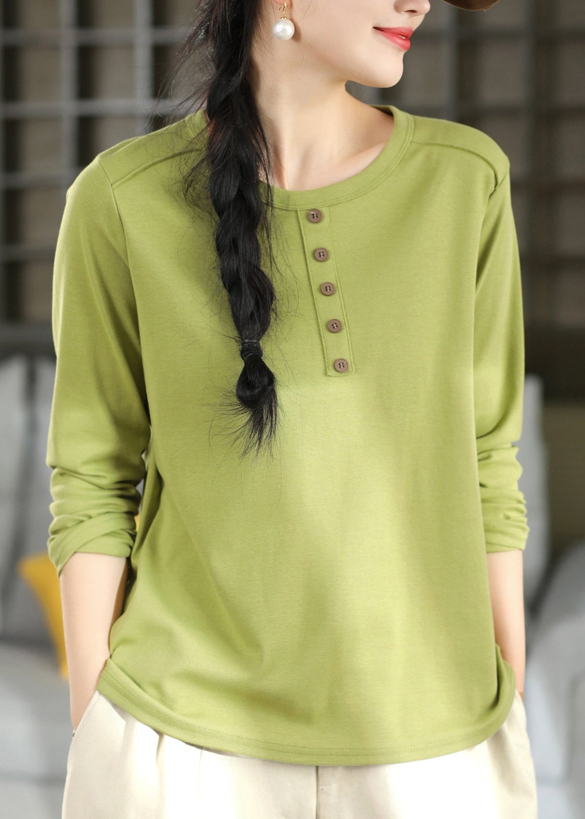 Women Green O Neck Patchwork Cotton T Shirts Fall