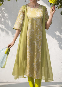 Women Green O Neck Print Patchwork Silk Dresses Summer