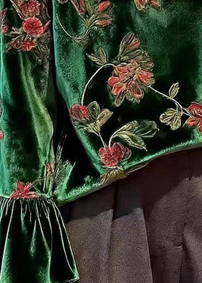 Women Green O Neck Print Patchwork Velour Blouses Spring