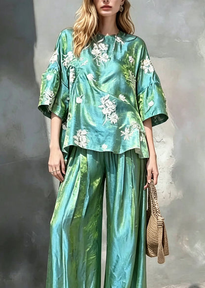 Women Green O Neck Print Silk Two Pieces Set Summer