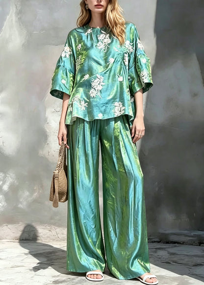 Women Green O Neck Print Silk Two Pieces Set Summer