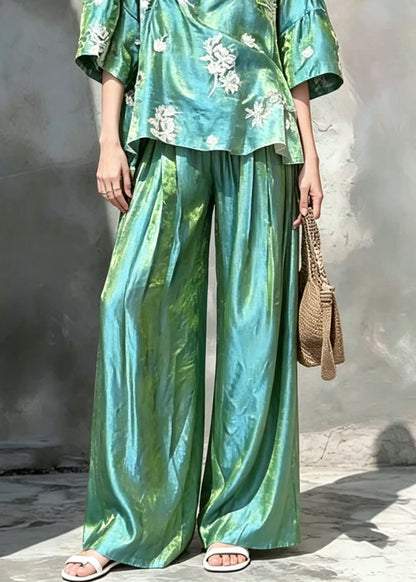Women Green O Neck Print Silk Two Pieces Set Summer