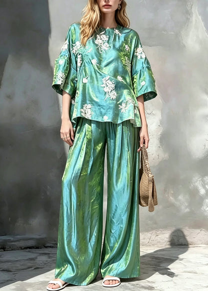 Women Green O Neck Print Silk Two Pieces Set Summer