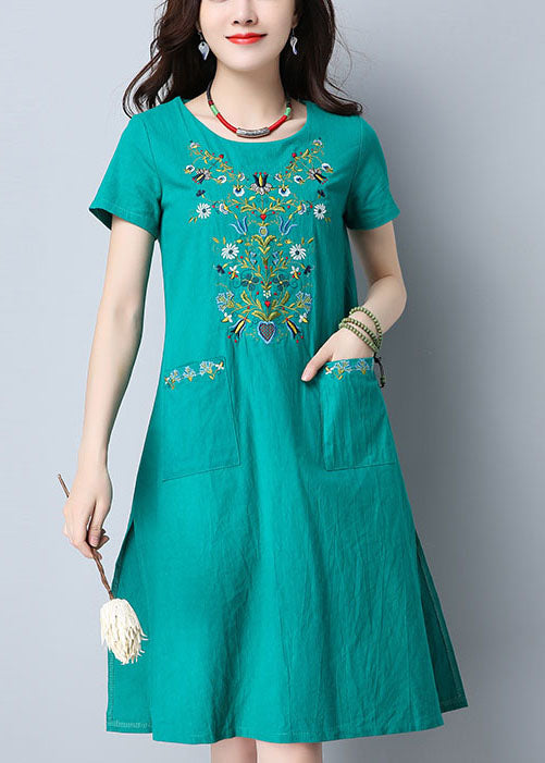 Women Green O-Neck Side Open Embroideried Pockets Cotton Dresses Short Sleeve