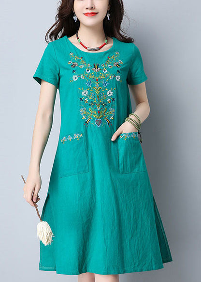 Women Green O-Neck Side Open Embroideried Pockets Cotton Dresses Short Sleeve