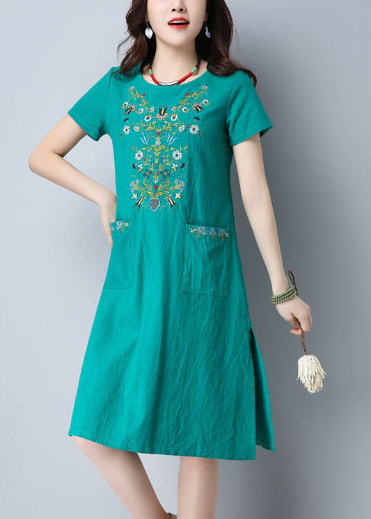 Women Green O-Neck Side Open Embroideried Pockets Cotton Dresses Short Sleeve