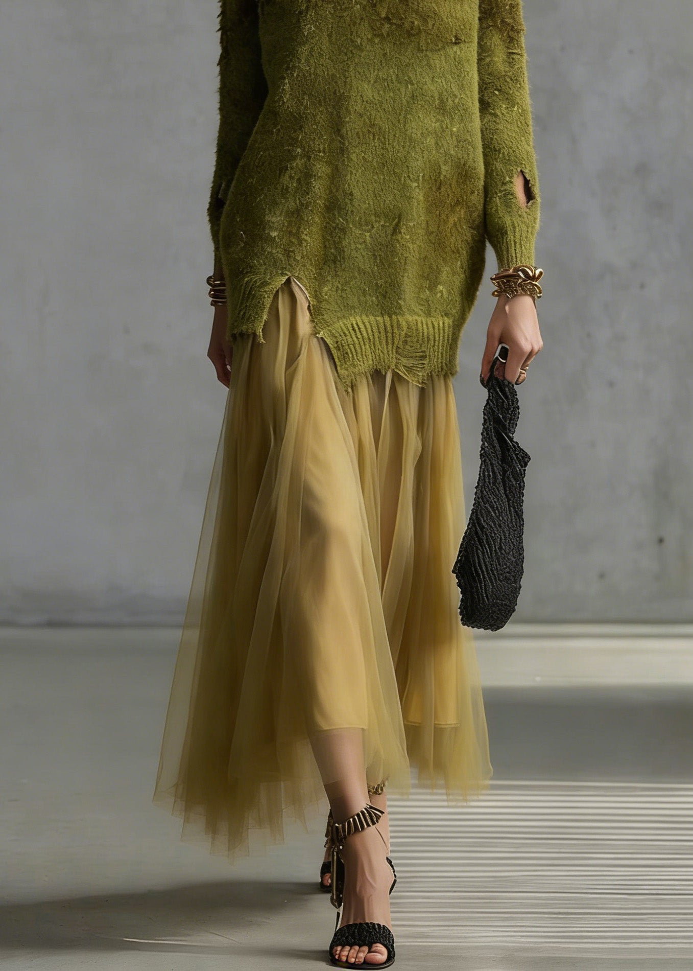 Women Green O Neck Tulle Patchwork Knit Dresses Spring