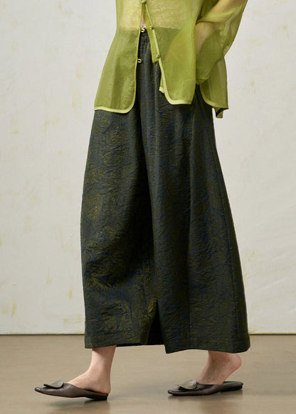 Women Green Oversized Jacquard Silk Crop Pants Fall