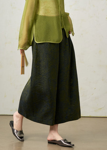 Women Green Oversized Jacquard Silk Crop Pants Fall