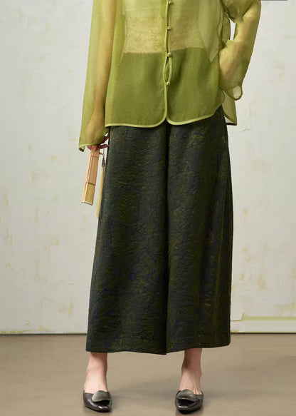 Women Green Oversized Jacquard Silk Crop Pants Fall