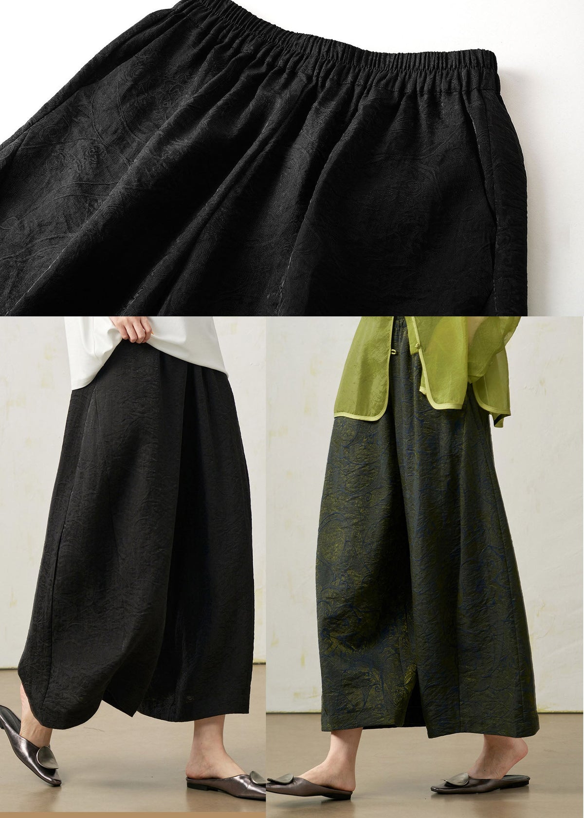 Women Green Oversized Jacquard Silk Crop Pants Fall