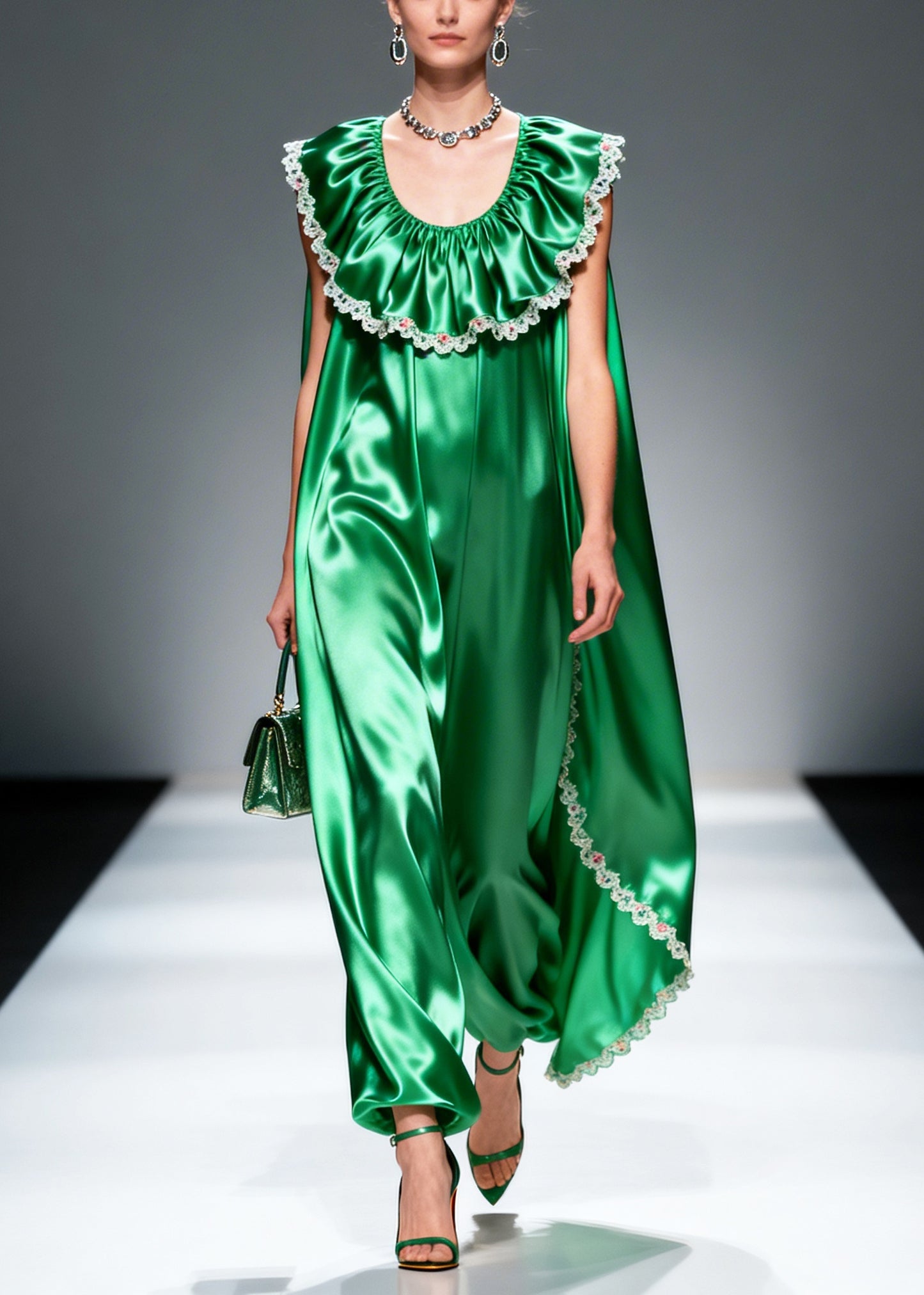 Women Green Oversized Patchwork Flower Lace Silk Maxi Dresses Sleeveless