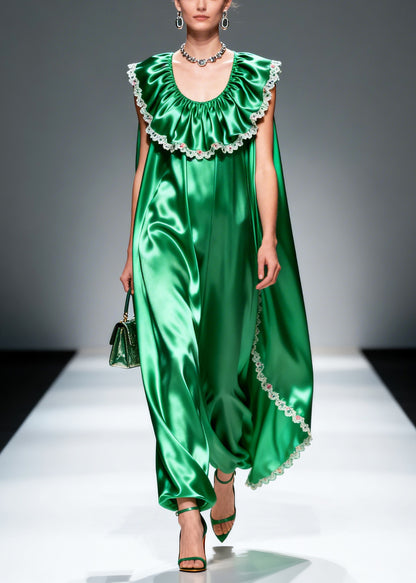 Women Green Oversized Patchwork Flower Lace Silk Maxi Dresses Sleeveless