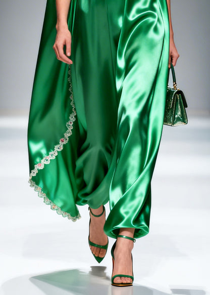 Women Green Oversized Patchwork Flower Lace Silk Maxi Dresses Sleeveless