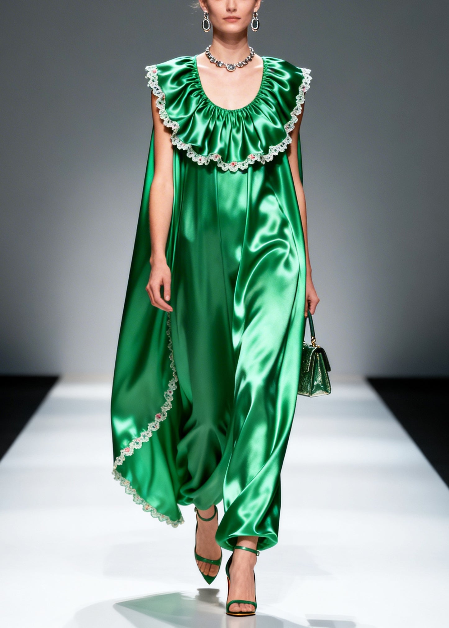 Women Green Oversized Patchwork Flower Lace Silk Maxi Dresses Sleeveless