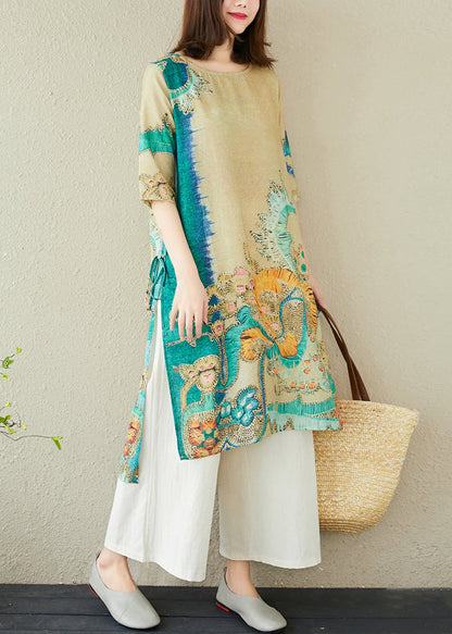Women Green Oversized Print Linen Dress Summer
