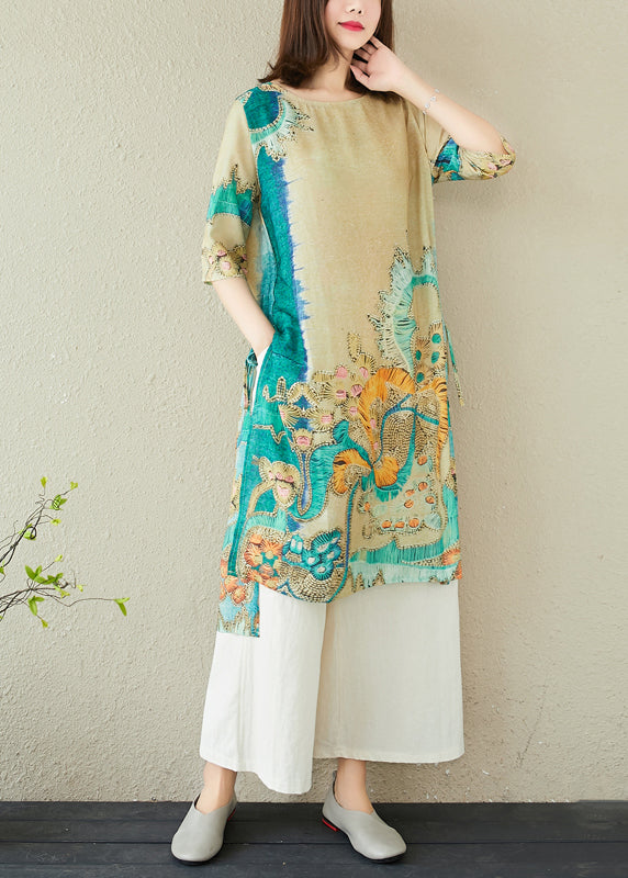 Women Green Oversized Print Linen Dress Summer