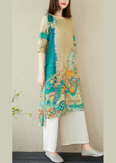 Women Green Oversized Print Linen Dress Summer