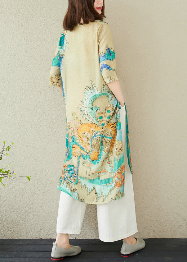 Women Green Oversized Print Linen Dress Summer