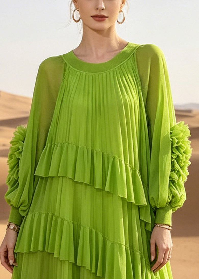 Women Green Oversized Ruffles Chiffon Vacation Dress Summer