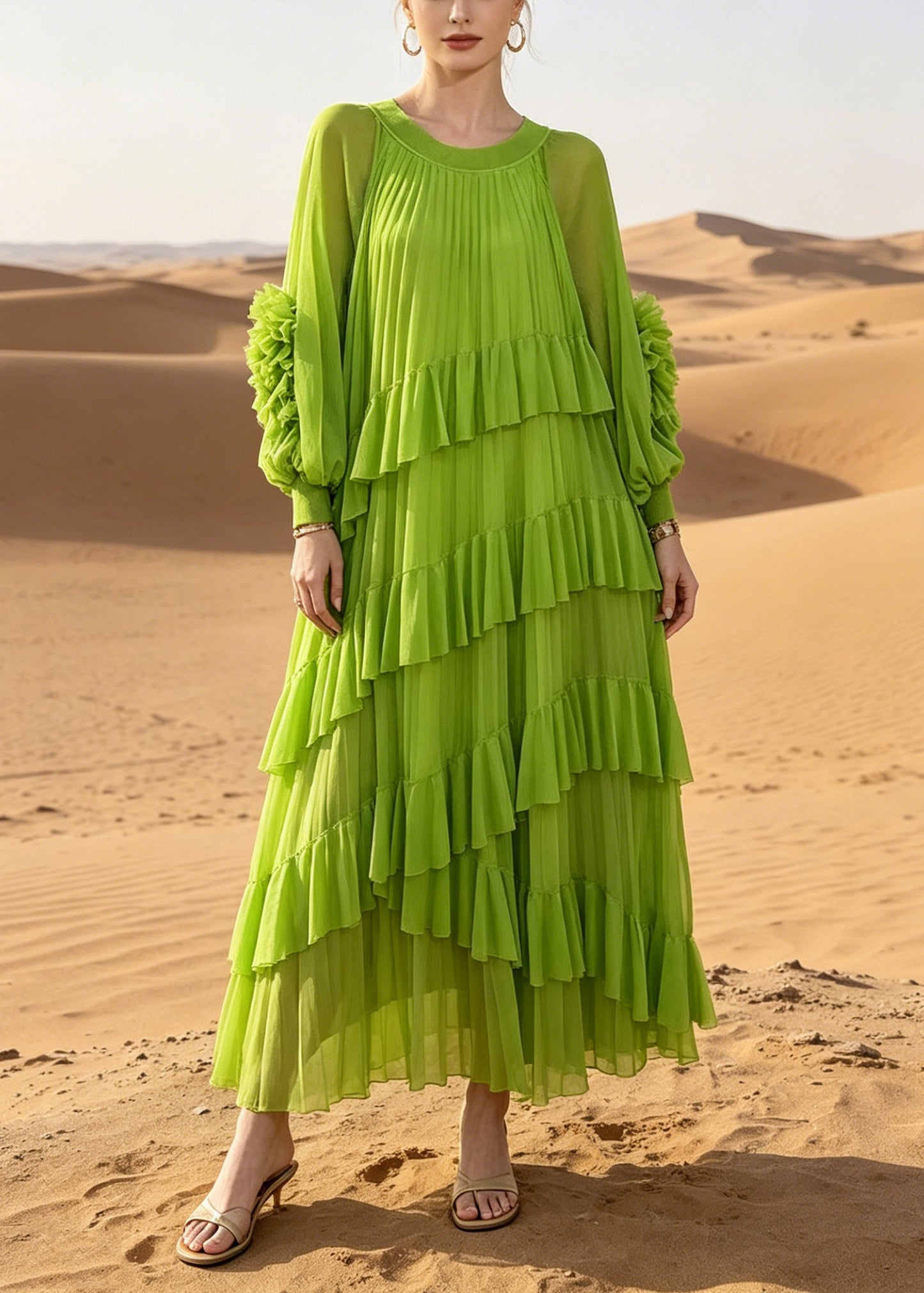 Women Green Oversized Ruffles Chiffon Vacation Dress Summer