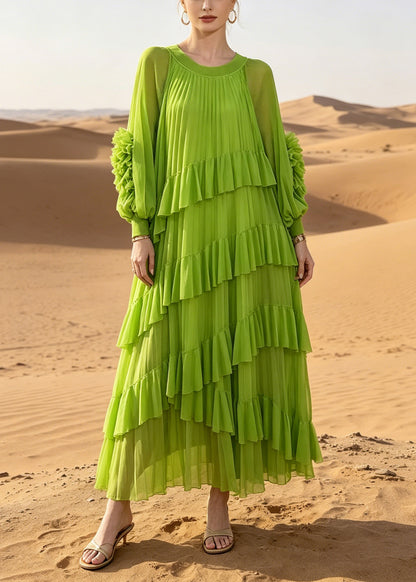 Women Green Oversized Ruffles Chiffon Vacation Dress Summer