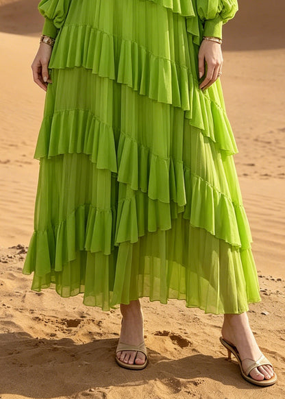Women Green Oversized Ruffles Chiffon Vacation Dress Summer